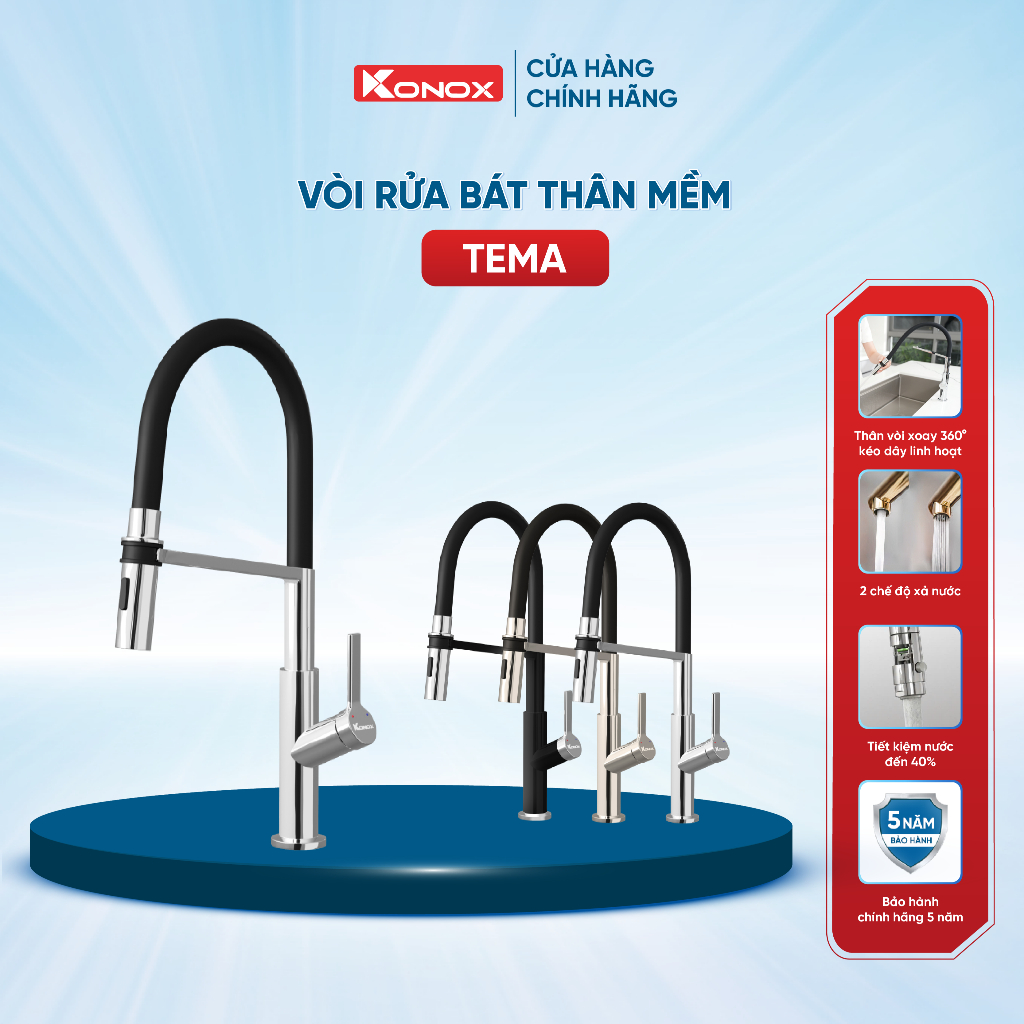 Vòi rửa bát thân mềm Konox Tema hợp kim đồng mạ PVD 3 màu - Bảo hành 5 năm