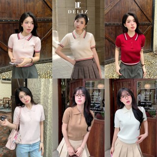 Áo len mỏng cộc tay cho nữ dáng polo chất len lông thỏ form ôm tay ngắn cổ bẻ thanh lịch DELIZ PL03