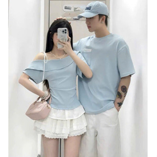 Áo thun cặp đôi - Set áo phông nam nữ màu xanh pastel áo nữ trễ vai viền bèo xinh xắn