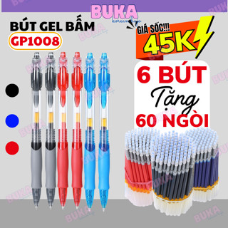 Combo 6 Bút 60 Ngòi Bút Bi Béo GP1008 Bút Gel Viết Mượt Có Đệm Tay Êm 3 Màu Mực Đen, Xanh, Đỏ