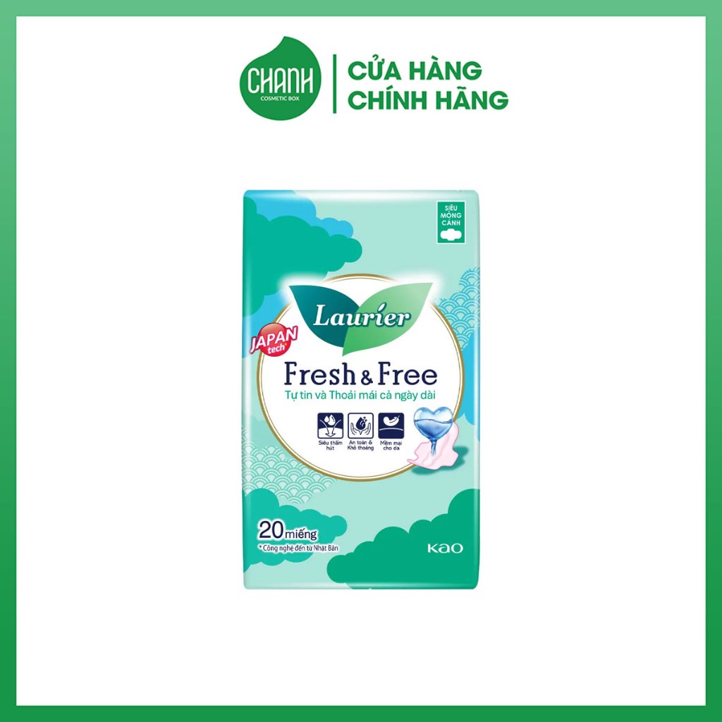 Băng Vệ Sinh Laurier Nhật Bản Fresh & Free Siêu thấm Chống Tràn Siêu Mỏng Cánh-20 miếng-BVS