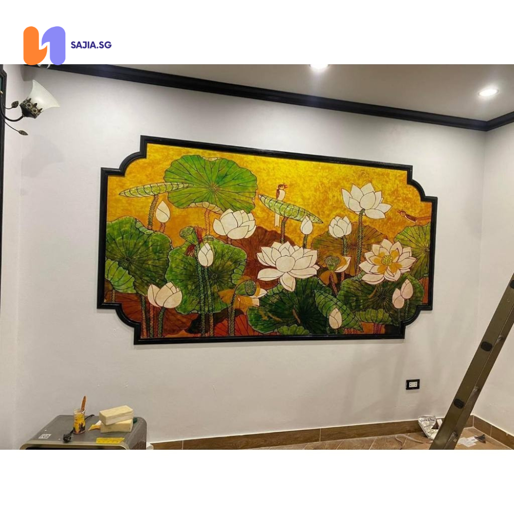 [SẴN KEO DÁN] Tranh dán tường Lụa Hoa Sen 3D Indochine Style Thương Hiệu SAJIA