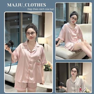 Pijama nữ cổ chữ k chất lụa satin họa tiết mèo hello kitty 2 màu dễ thương, đồ ngủ mặc nhà cao cấp HCOM26130 Majju