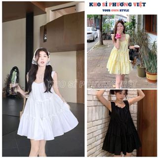  Váy ngắn baby doll công chúa Hàn Quốc 2 dây bản to đính nơ đáng yêu mùa hè xinh xắn - KHOSI 
