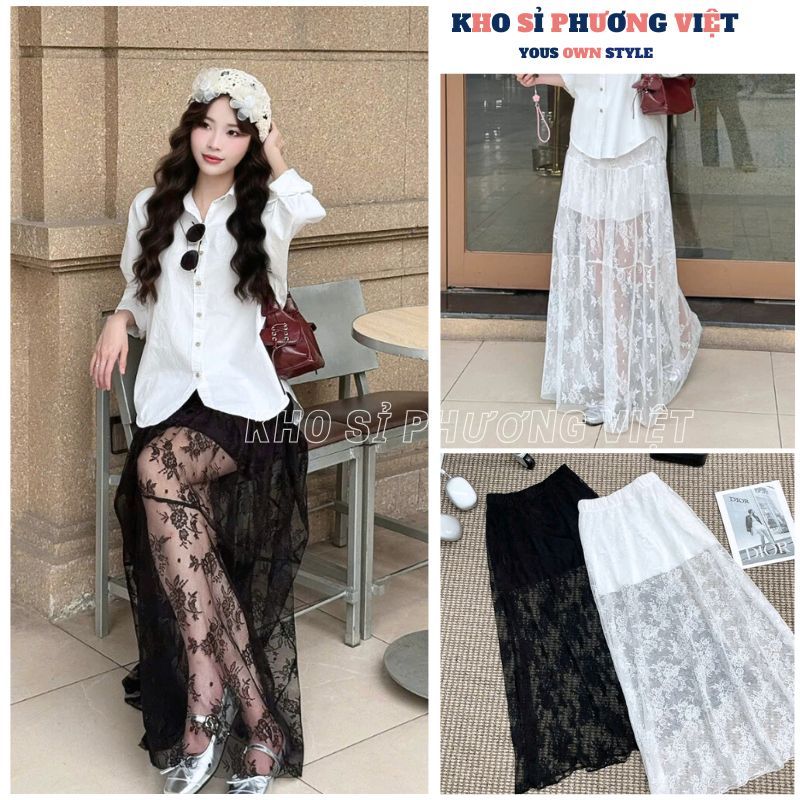 Chân váy ren dài maxi có lót trong, chân váy lưới đi chơi đi biển lưng chun Hàn Quốc - KHOSI