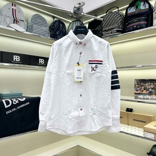 Áo sơ mi trắng nam dài tay TB vải gai thô thêu chú chó sọc xanh đỏ túi phối 4 sọc kẻ tay boy phố SM152P