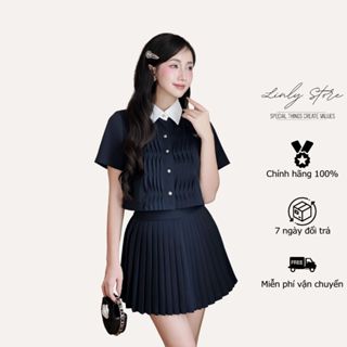 Set đồ nữ kiểu tiểu thư, áo sơ mi croptop thiết kế cổ nhọn đính nơ và chân váy xếp ly Linly Store