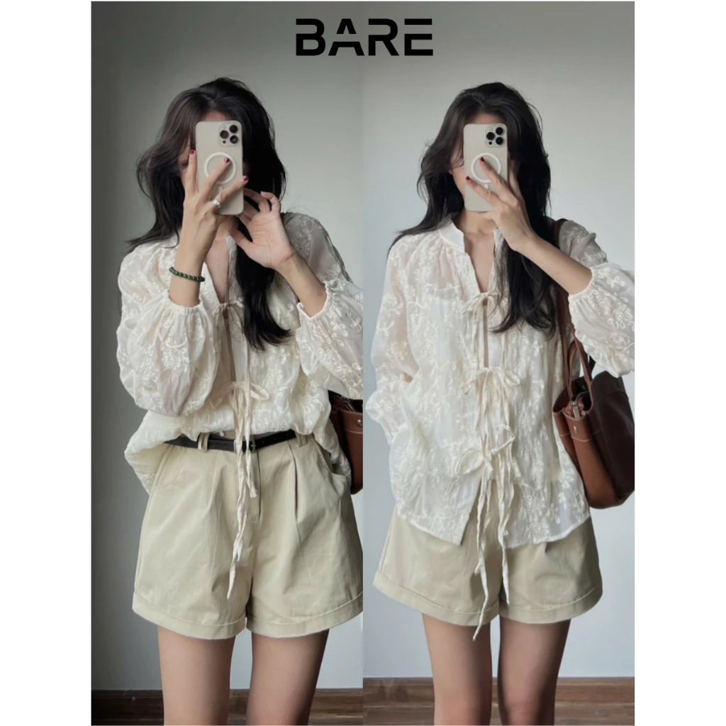Bare_Áo Sơ Mi Thiết Kế, Vải Voan Thêu Xuyên Thấu Dây Buộc Nơ Gợi Cảm (Tặng Kèm Áo Thun Hai Dây)_A518