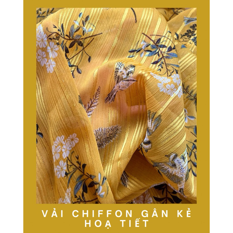 Vải chiffon gân kẻ lụa vàng hoạ tiết, tiệm vải Giải Ưu