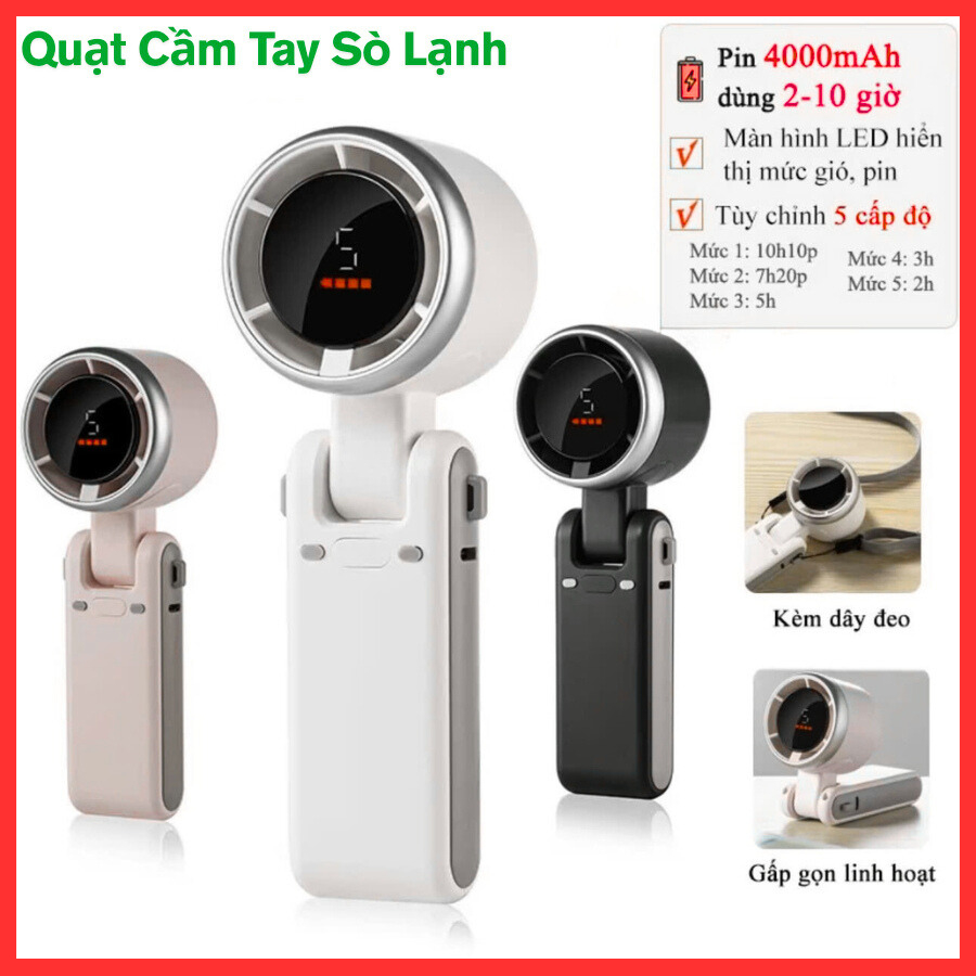 Quạt Mini Cầm Tay Có Sò Lạnh 4000mAh – Quạt Tích Điện Mạnh, 100 Mức Gió, Màn Hình LED Rõ Nét, Gấp Gọn Mang Theo