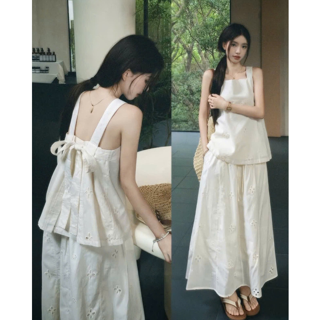 Set Áo Váy Thô Boi Thêu Hoa Hai Dây Buộc Nơ Lưng Kèm Chân Váy Dáng Dài - Váy Mùa Hè Đi Biển - 29feb.closet - S277 | BigBuy360 - bigbuy360.vn
