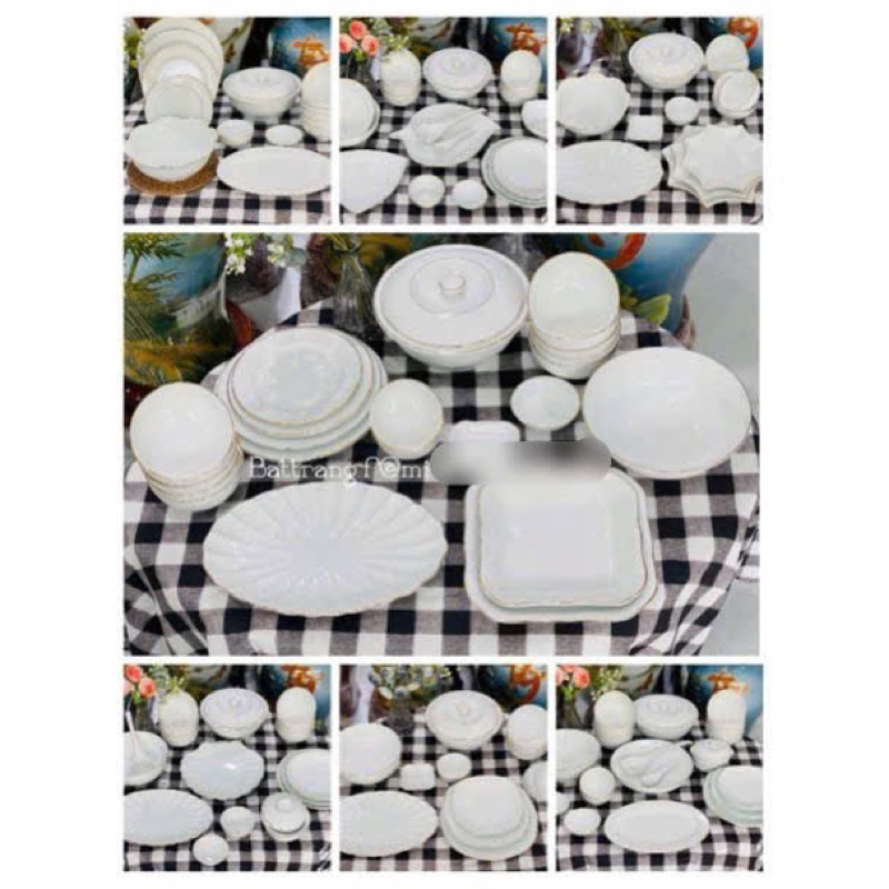 Bộ bát đĩa sứ trắng viền vàng kim