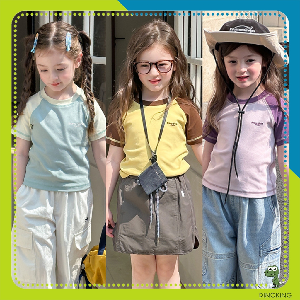 Áo croptop cho bé gái DINOKING Áo thun bé gái tay zaclang trơn màu mùa hè cổ tròn trẻ em 2 - 9 tuổi 