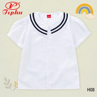 Áo trắng tay phồng cho bé gái đi học, vải KT silk hút mồ hôi, cổ lá sen, size đến 65kg, hiệu Amazing