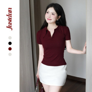 Áo thun nữ cổ sơ mi cotton mịn form ôm phong cách Polo JUSTDUN E21