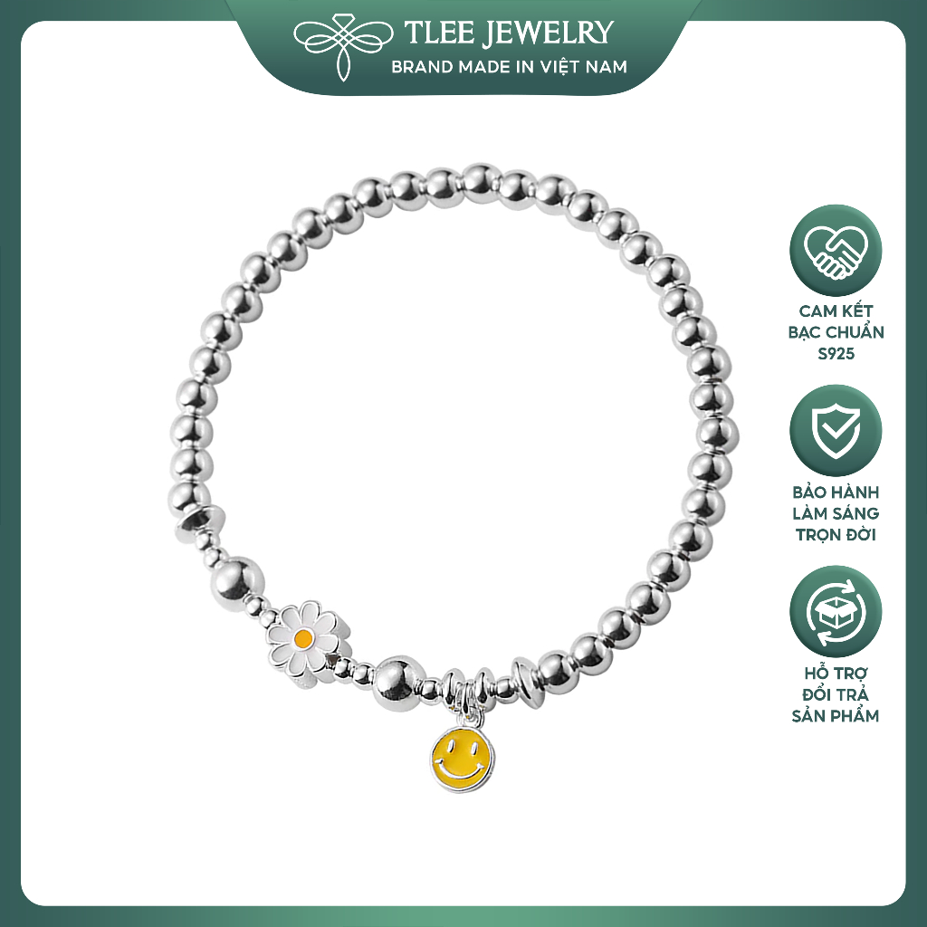 Lắc tay bạc nữ TLEE bi bạc 4mm mix charm hoa cúc mặt cười xinh xắn TLEE JEWELRY LT0190