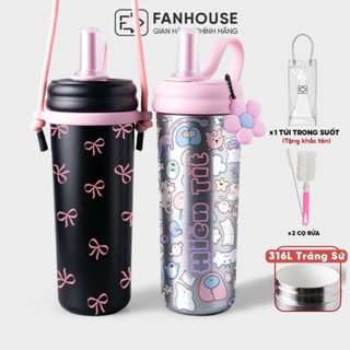 Ly giữ nhiệt Straw Cup inox 316L lõi phủ sứ cao cấp bình nước giữ nhiệt 750ml Fan House khắc tên