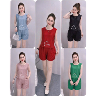 Bộ mặc nhà nữ mùa hè đũi tơ mềm mát set đũi tơ tay bèo thấm mồ hôi không nhăn áo sát nách, quần đùi vải đũi Trường Lan