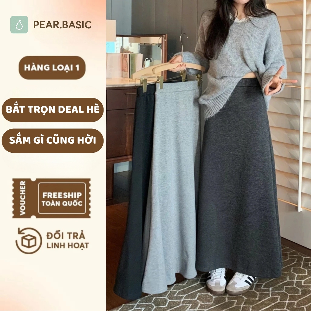 Chân váy len thun dài co giãn công sở dáng suông dài chữ a xòe xếp ly xám đen thanh lịch Pear.Basic 