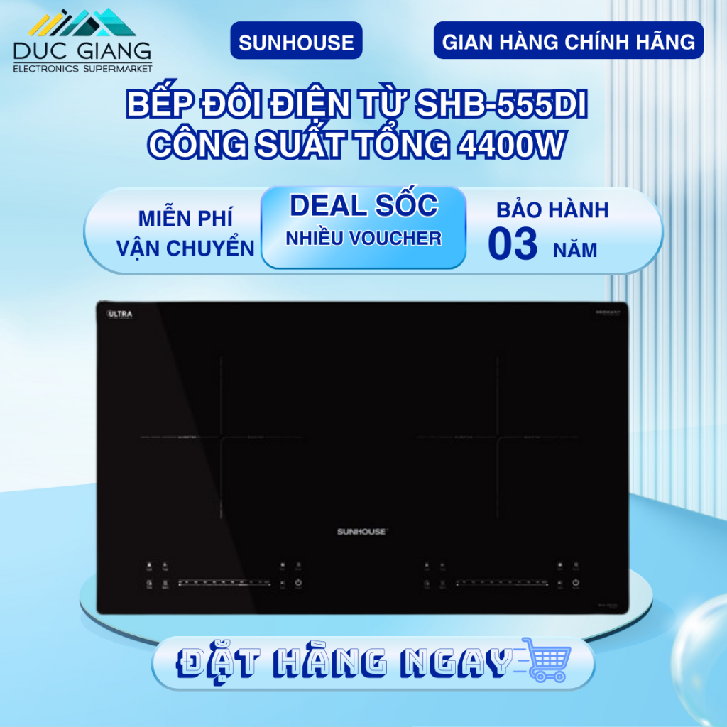 Bếp đôi điện từ inverter Sunhouse SHB555DI công suất 2200W + 2200W