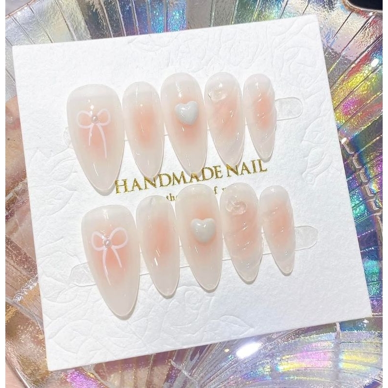 Nailbox lòng đào cam charm tim phom bầu nhọn xinh xắn kèm keo dũa
