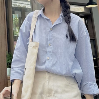 Áo sơ mi kẻ sọc thêu ngựa nữ from rộng dài tay chất vải mịn không nhăn