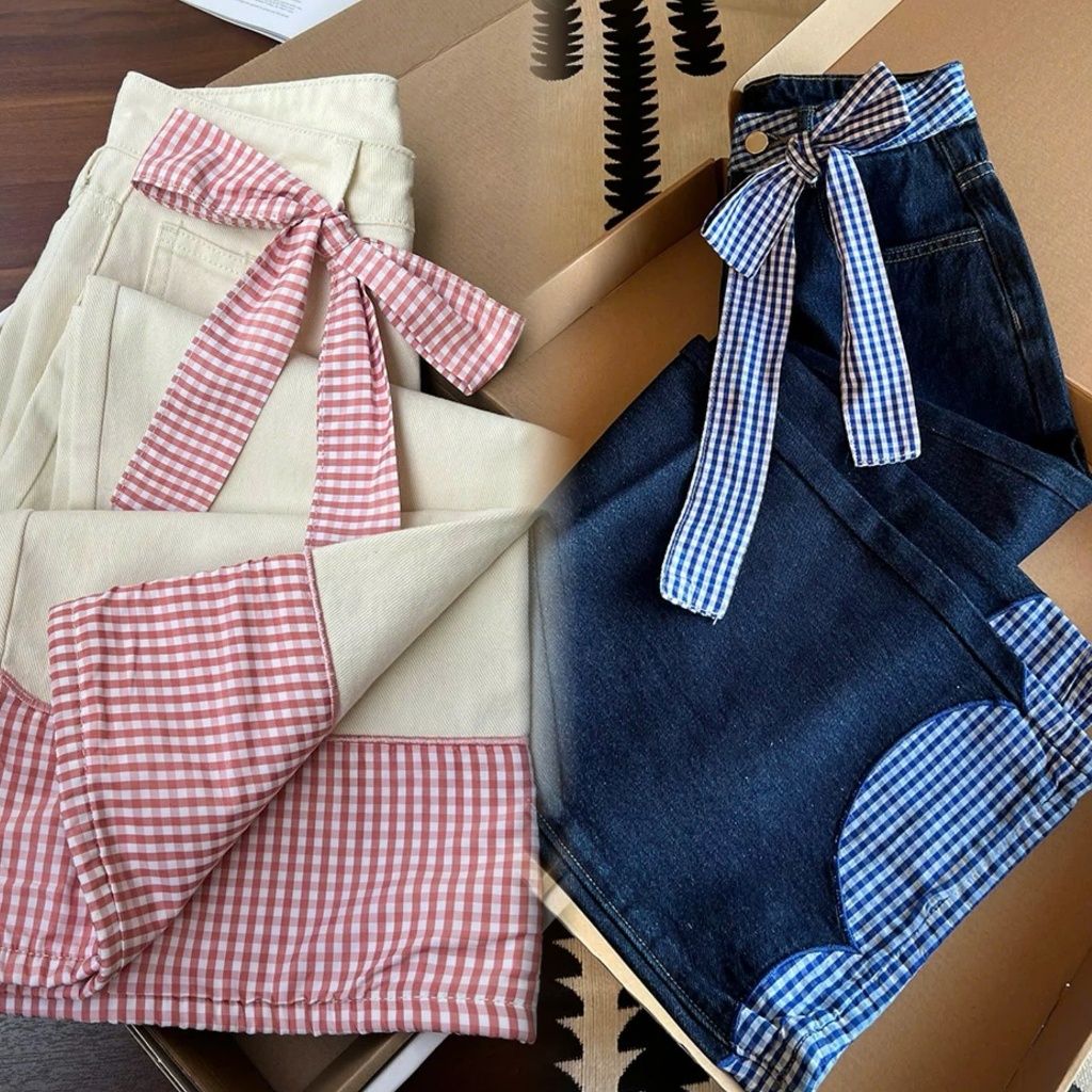 Quần jean ống xuông lưng cao phối nơ caro siêu xinh, Quần bò ống rộng xanh nơ basic đơn giản dễ phối
