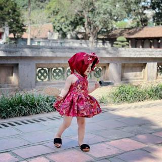 Vivi Baby Bộ Yếm Gấm Đỏ BắcBling Cho bé gái (Tặng Kèm Khăn Hoa + Mấn + Quần Chíp) Hoa ẢNH THẬT