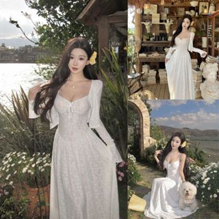  「ADELIA」Set Đầm Trắng 2 Dây Body Maxi Và Áo Khoác Ngoài Tiểu Thư SP143 