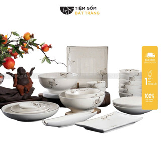  Bộ Bát Đĩa Sứ Sen Men Tiêu Hoạ Tiết Vẽ Tay Tô Canh Bát Ăn Cơm Chén Dĩa Bát Tràng Cao Cấp 