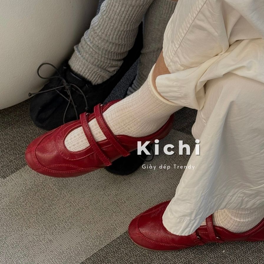 Giày nữ KICHI màu đỏ đậm, kiểu ballet, quai dán, đế thấp mã 2503