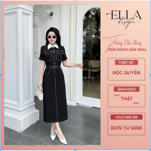 Váy Đầm Thiết Kế Ella Desgin dành cho nữ kiểu dáng bút chì thêu chỉ chạy nổi thân áo phối cổ trắng A