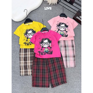  Set Bộ Quần Kẻ và Áo HỌA TIẾT CÔ GÁI TÓC XÙ 3 Màu size 16-52Kg dành cho Bé Gái - MẸ CÓ THỂ MẶC VỪA Chất vải Su. 