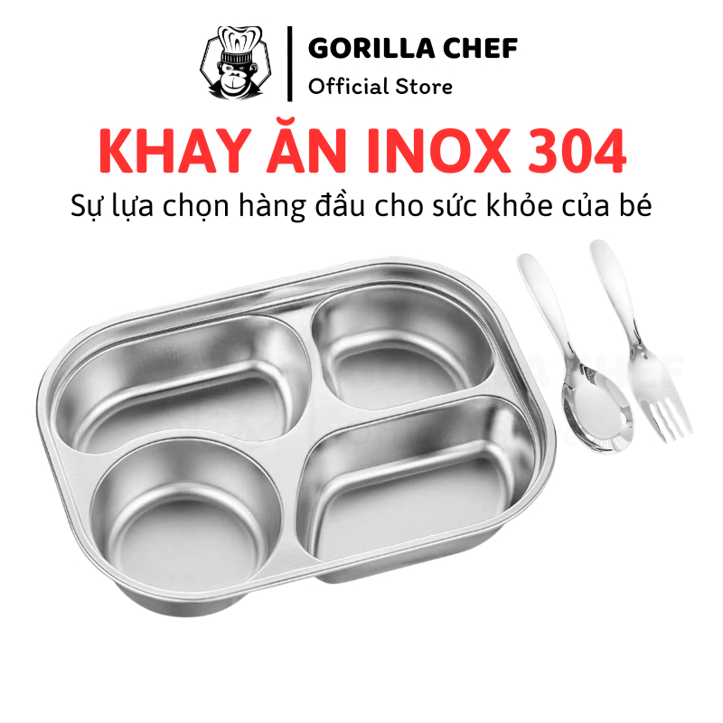 Khay ăn dặm cho bé inox 304 sâu lòng Gorilla Chef cho bé 4 tuổi trở lên tự tập ăn 4/5 ngăn
