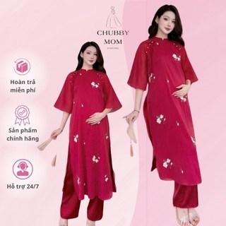 Set áo dài đỏ cách tân cúc ngọc phối nơ nhẹ nhàng cho mẹ bầu - Chubby Mom