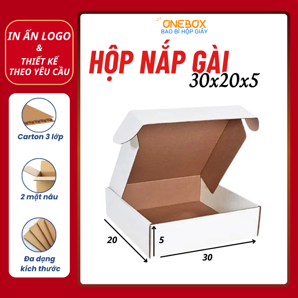 Combo 100 Hộp CARTON Nắp Gài Trắng Size 30x20x5, Giấy KRAFT TRẮNG Sóng E 3 Lớp Cứng Cáp Đóng Hàng, H