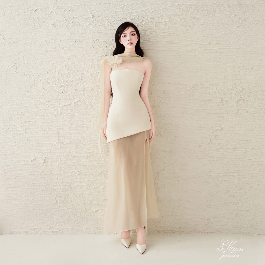 Dari Dress | Váy nữ cup ngực text chun hàn phối voan tơ H.I.U Fashion | đầm xẻ dáng dài sang trọng cao cấp HIU design | BigBuy360 - bigbuy360.vn