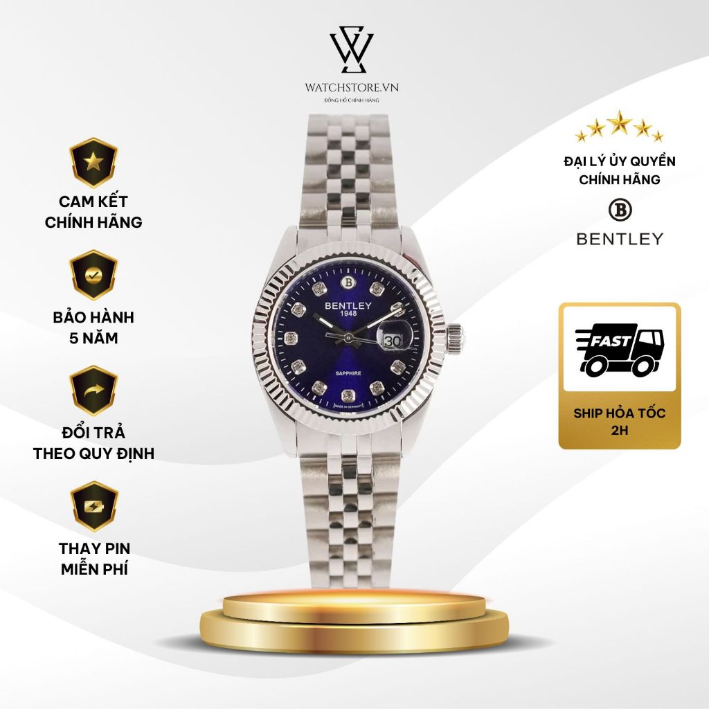 Đồng Hồ Bentley Nữ BL2333-10LWNI Dây Thép Mặt Xanh Kính Saphire 30mm  Máy Pin/ Quart Chống Nước Chín