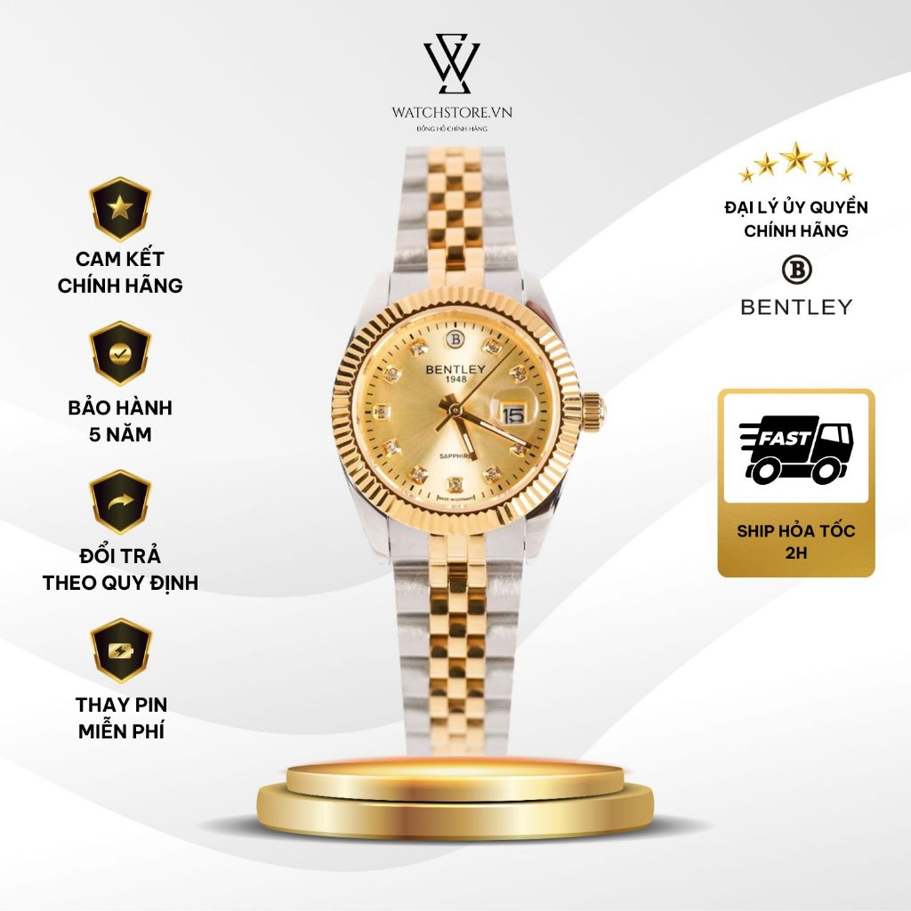 Đồng Hồ Bentley Nữ BL2333-10LTKI Dây Demi Vàng Mặt Vàng Máy Pin Kính Saphire 30mm Chống Nước Chính H