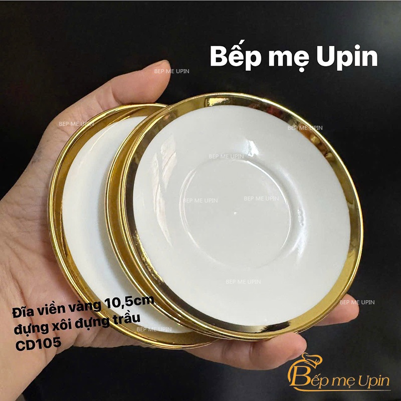 Đĩa sứ viền vàng 10,5cm đĩa cạn đựng xôi đựng trầu đựng bánh cd105