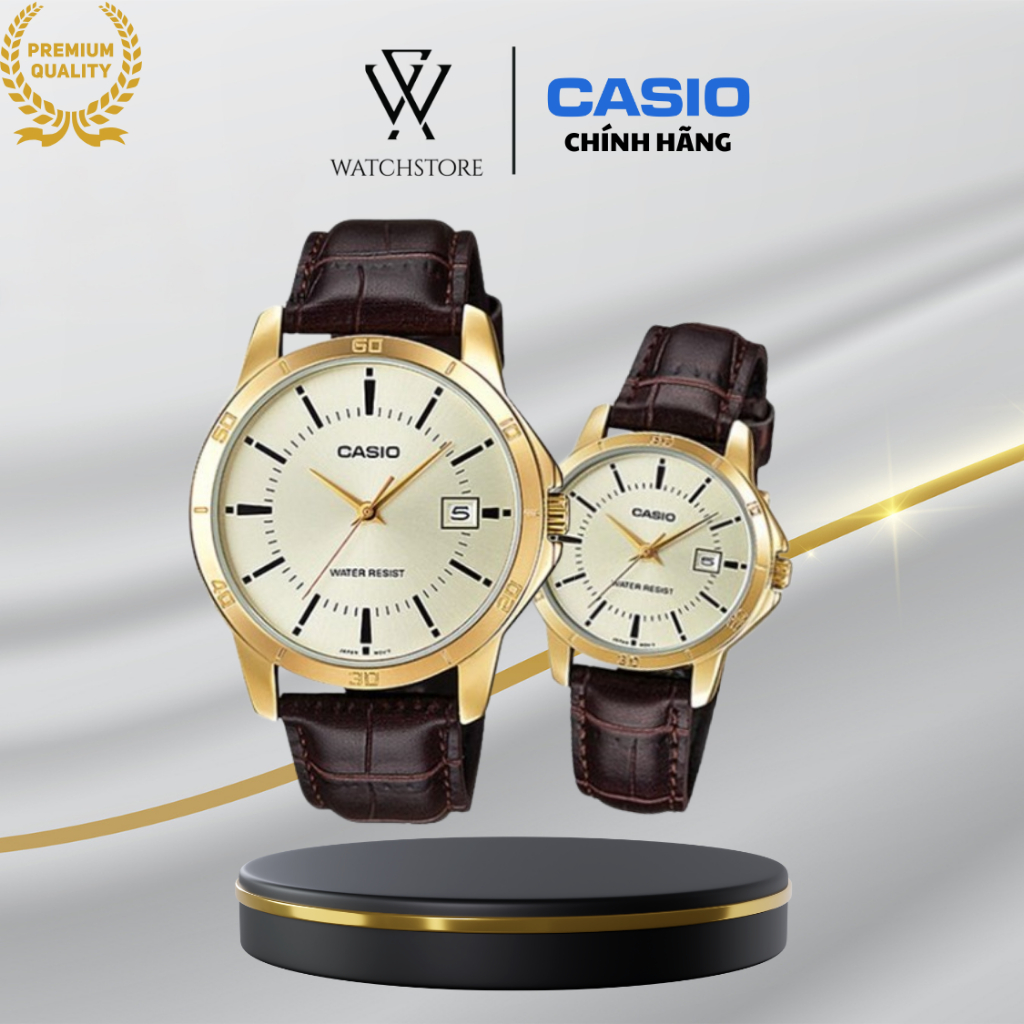 Đồng Hồ Đôi V004GL-9AUDF Màu Vàng Dây Da Mặt Kính Khoáng Chống Nước Chính Hãng