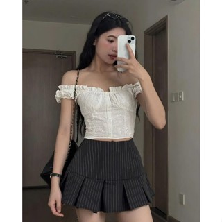 [ Bigsize 55-100kg] Set áo croptop thô thêu trễ vai mix chân váy kẻ  dáng A ngắn