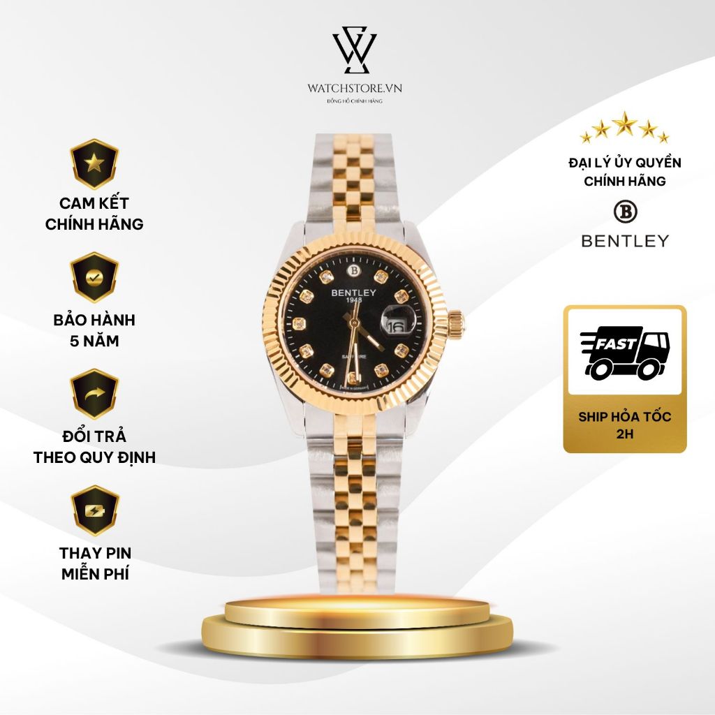 Đồng Hồ Bentley Nữ BL2333-10LTBI Dây Demi Mặt Đen Kính Saphire 30mm Máy Pin/ Quart Chống Nước Chính 