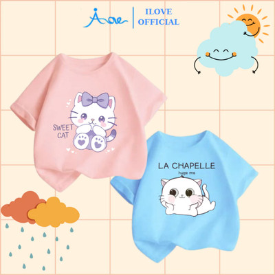 [MỚI] Áo thun cộc tay cho bé gái AORE, Áo phông tay ngắn in hình MÈO DỄ THƯƠNG chất cotton thoáng mát 9-36kg