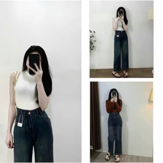 [40-56kg]Quần jean nữ ống rộng nấm lùn dài 94cm may mác màu xanh đậm không co dãn
