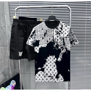  Bộ Quần Áo Thể Thao Nam VL loang trắng đen. Bộ quần áo nam cổ tròn tay ngắn túi khóa size M-L-XL-XXL chất thun lạnh cđen 