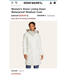   Silver Lining Coat  Áo phao lông vũ waterproof  -40•C  Eddie Bauer áo khoác đi tuyết chống nước chống tuyết âm độ cao 