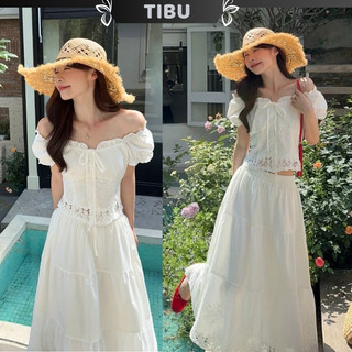  Set Áo Trễ Vai Tay Phồng Cột Nơ Phối Chân Váy Dài Viền Ren TIBU Set Đồ Nữ Đơn Giản Đi Chơi Dạo Phố Biển B447 