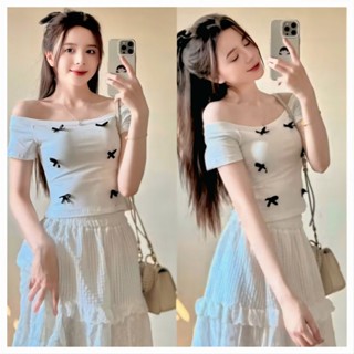 Áo kiểu nữ trễ vai đính nơ Áo lệch vai gân tăm xinh