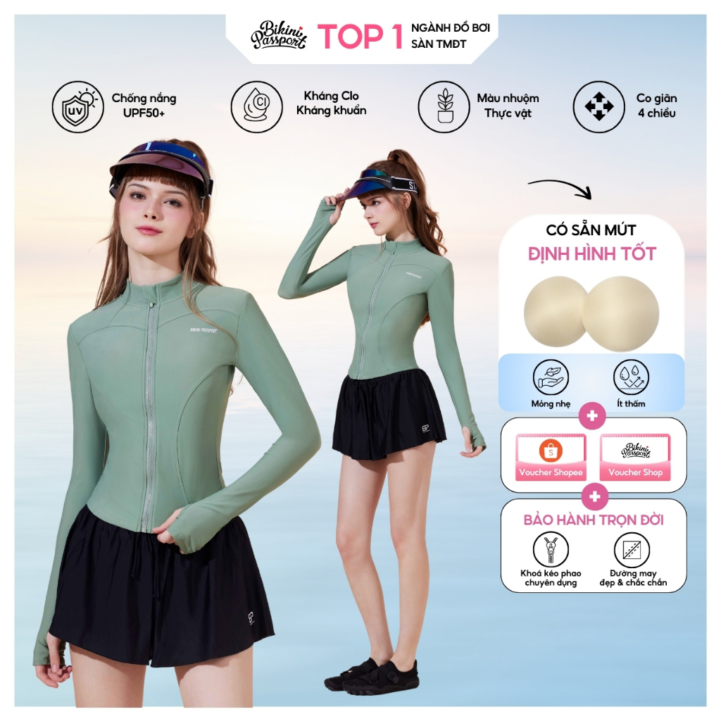 Áo bơi kín nữ tay dài có khoá chống nắng đi dã ngoại - Bikini Passport - BS525_MS